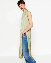Slit Side Back Flower Embroidery Shirt Women Lapel Silk Long Blouse Sleeveless Tops blusas femme Army green