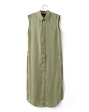 Slit Side Back Flower Embroidery Shirt Women Lapel Silk Long Blouse Sleeveless Tops blusas femme Army green