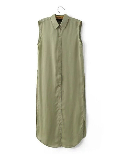 Slit Side Back Flower Embroidery Shirt Women Lapel Silk Long Blouse Sleeveless Tops blusas femme Army green
