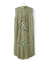 Slit Side Back Flower Embroidery Shirt Women Lapel Silk Long Blouse Sleeveless Tops blusas femme Army green
