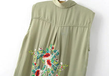 Slit Side Back Flower Embroidery Shirt Women Lapel Silk Long Blouse Sleeveless Tops blusas femme Army green