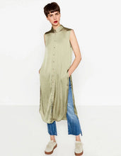 Slit Side Back Flower Embroidery Shirt Women Lapel Silk Long Blouse Sleeveless Tops blusas femme Army green