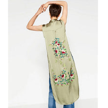 Slit Side Back Flower Embroidery Shirt Women Lapel Silk Long Blouse Sleeveless Tops blusas femme Army green