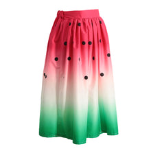 Fashion Women Watermelon Pattern Skirt High Waist A-Line Pleated Skirt Jupes Red Satin Skirt Saia Midi Floral Skirt