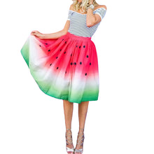 Fashion Women Watermelon Pattern Skirt High Waist A-Line Pleated Skirt Jupes Red Satin Skirt Saia Midi Floral Skirt