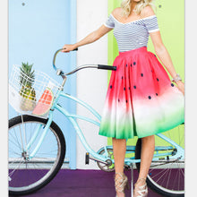 Fashion Women Watermelon Pattern Skirt High Waist A-Line Pleated Skirt Jupes Red Satin Skirt Saia Midi Floral Skirt