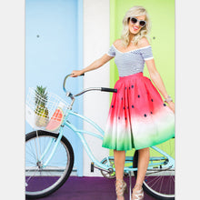 Fashion Women Watermelon Pattern Skirt High Waist A-Line Pleated Skirt Jupes Red Satin Skirt Saia Midi Floral Skirt