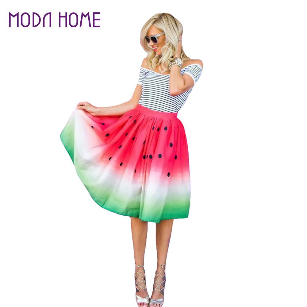 Fashion Women Watermelon Pattern Skirt High Waist A-Line Pleated Skirt Jupes Red Satin Skirt Saia Midi Floral Skirt