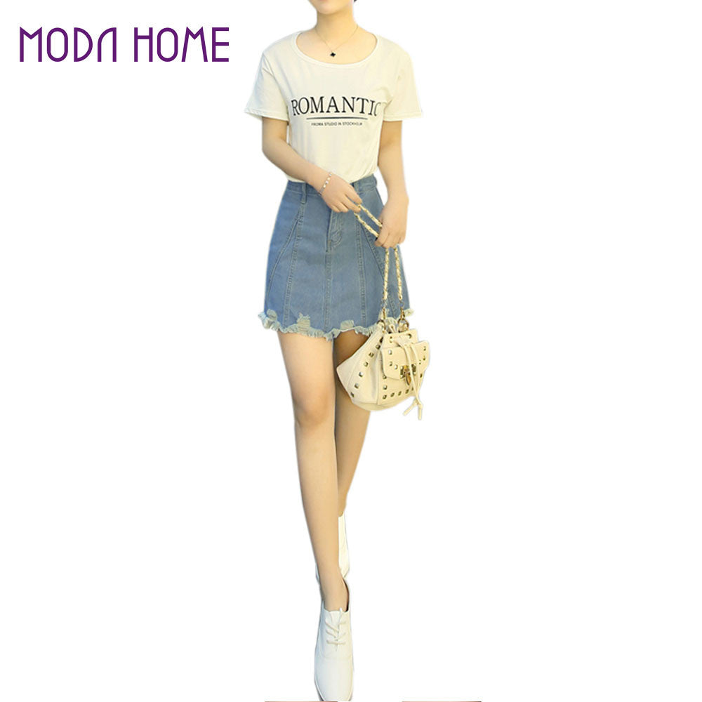 Skirts Womens Denim Skirt A Line High Waist Distressed Raw Hem Front Zipper Short Mini Jean Skirt Blue/Dark Blue
