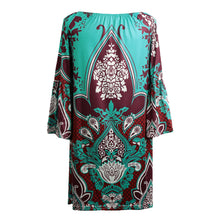 Vintage Women Boho Dress Off Shoulder Floral Print Flare Sleeve Loose Mini Dress Casual Beach Dress Vestisos Green