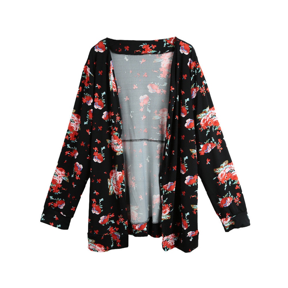 Vintage Women Kimono Cardigan Floral Print Long Sleeve Loose Outerwear Coat Tops Black/Dark Green/Royal Blue Bomber Jacket