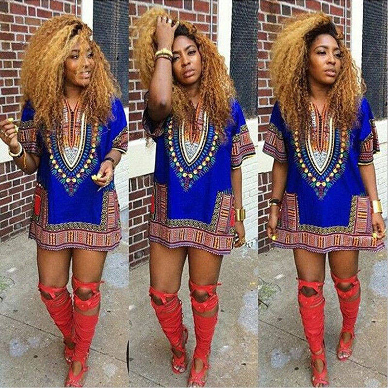 Women African Festival Dashiki Shirt Kaftan Boho Hippe Gypsy Festival Tops Party Dress LY3