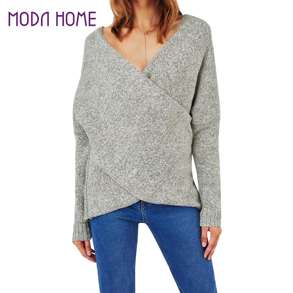 Women Sweaters and Pullovers Korean Cross-Front Batwing Sleeve Pullovers Pull Femme V-neck Loose Knitted Top Sweater