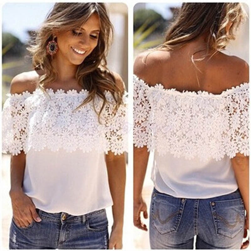 Sexy Women Off Shoulder Casual Tops Blouse Lace Crochet Chiffon Shirtwoman clothes plus size vestidos