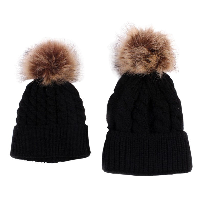 2pcss  Baby & Mother Knitted Cotton Hat Family Boy Girl Toddler Adult Cute Crochet Beanies Fur Ball Kids Hats for Caps