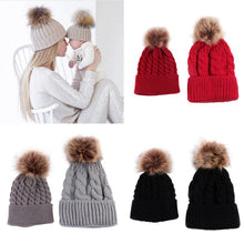 2pcss  Baby & Mother Knitted Cotton Hat Family Boy Girl Toddler Adult Cute Crochet Beanies Fur Ball Kids Hats for Caps