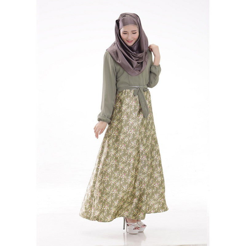 New Women Long Sleeve Full Length Muslim Kaftan Islamic Floral Maxi Dress Arab Jilbab Wear