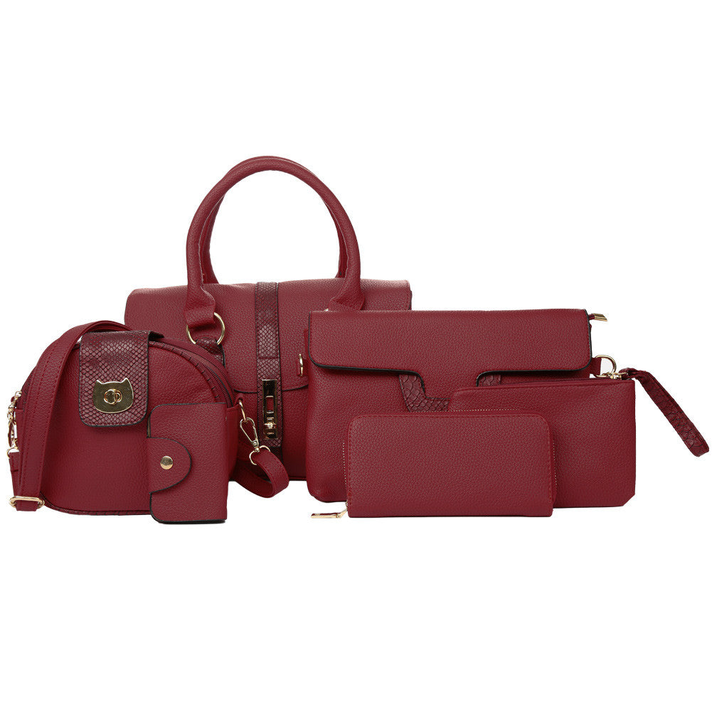 6PCS Women PU Leather Handbag Set Snake Skin Texture Ladies Designer Handbags Sets Zipper Hasp Elegant 6pcs Tote Bag Wallet Set