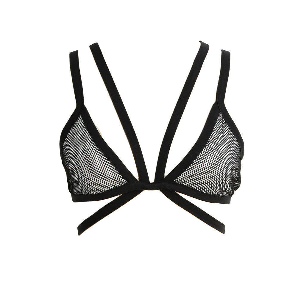 ANSELF Sexy Women Mesh Vest Underwire Push Up 3/4 Cup Cross Strap Brassiere Underwear Special Bustier Crop Top Black Strappy Bra