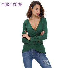 T Shirt Women Solid Deep V-Neck Tees Asymmetrical Hem Long Sleeve Pull Slim Fit Sexy Tops Camisas Femininas