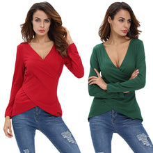 T Shirt Women Solid Deep V-Neck Tees Asymmetrical Hem Long Sleeve Pull Slim Fit Sexy Tops Camisas Femininas