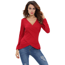 T Shirt Women Solid Deep V-Neck Tees Asymmetrical Hem Long Sleeve Pull Slim Fit Sexy Tops Camisas Femininas
