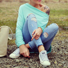 Off The Shoulder Top For Women Sexy Asymmetric Hem T Shirt Woman Blue Loog Sleeve Tee Shirt Femme Ladies Slash Neck Top
