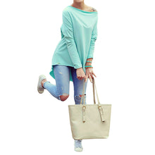 Off The Shoulder Top For Women Sexy Asymmetric Hem T Shirt Woman Blue Loog Sleeve Tee Shirt Femme Ladies Slash Neck Top