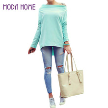 Off The Shoulder Top For Women Sexy Asymmetric Hem T Shirt Woman Blue Loog Sleeve Tee Shirt Femme Ladies Slash Neck Top
