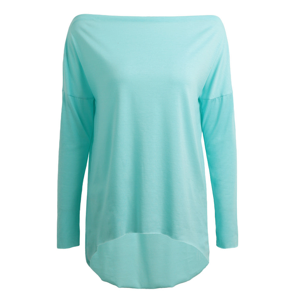 Off The Shoulder Top For Women Sexy Asymmetric Hem T Shirt Woman Blue Loog Sleeve Tee Shirt Femme Ladies Slash Neck Top