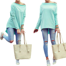 Off The Shoulder Top For Women Sexy Asymmetric Hem T Shirt Woman Blue Loog Sleeve Tee Shirt Femme Ladies Slash Neck Top