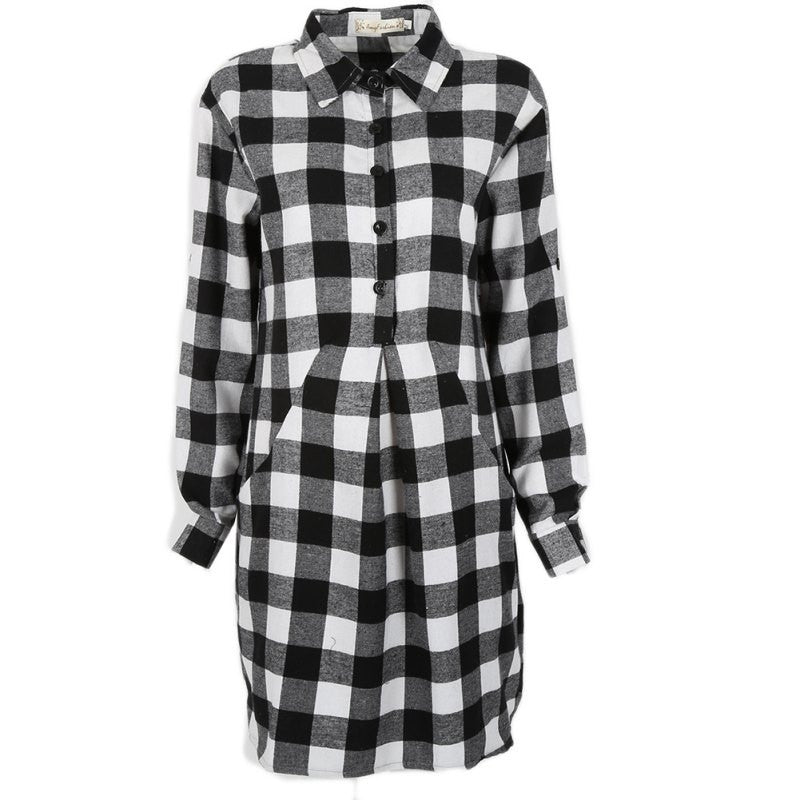 Plaid Shirt Dress Leisure Vintage Long Plaid Check Print Casual Shirt Dress Mini Plus Size Party Dresses