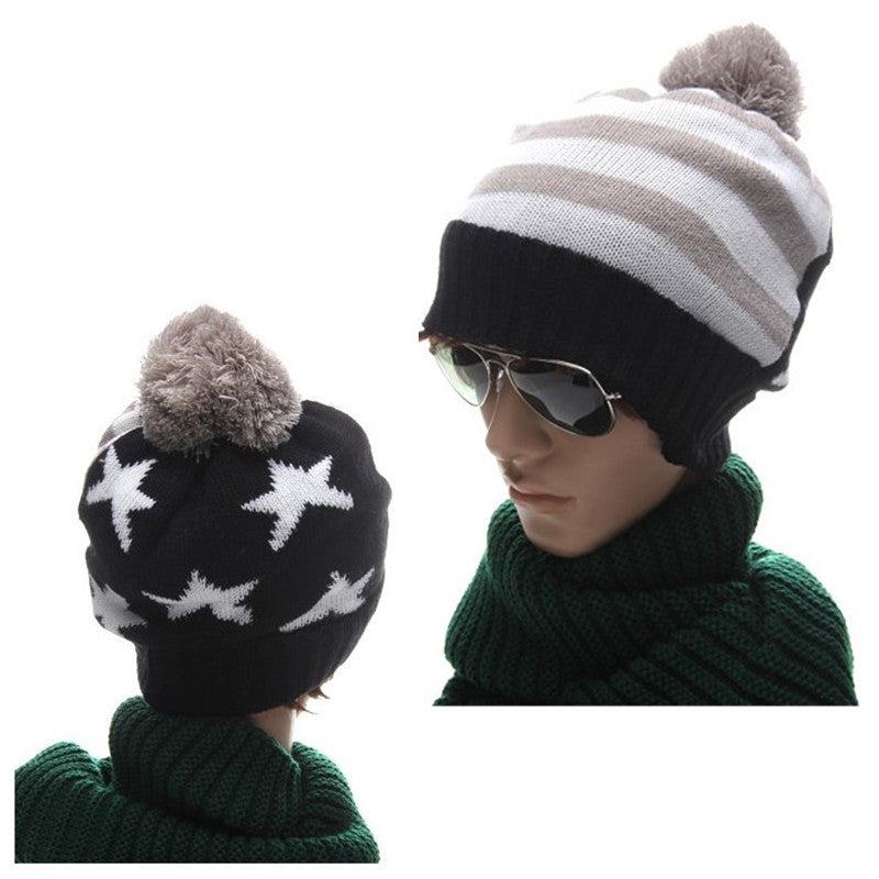 Men Women Knitted Hats American Flag Star Stripes Bobble Beanie Ski Hat Thick Cap Unisex Headwear