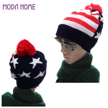 Men Women Knitted Hats American Flag Star Stripes Bobble Beanie Ski Hat Thick Cap Unisex Headwear
