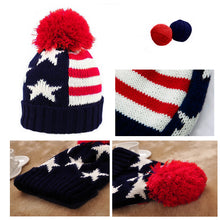 Men Women Knitted Hats American Flag Star Stripes Bobble Beanie Ski Hat Thick Cap Unisex Headwear