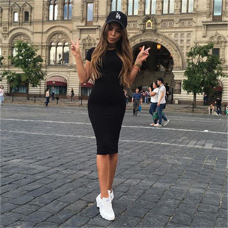 Women Dresses Slim Knee Length Bodycon Dress Elegant Skinny Office Dress Short Sleeve Robes Plus Size Pencil Dress