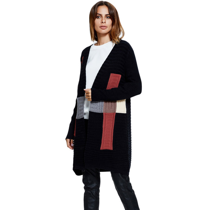 Cardigan Sweater Block Pattern Long Sleeves Loose Knitwear Coat