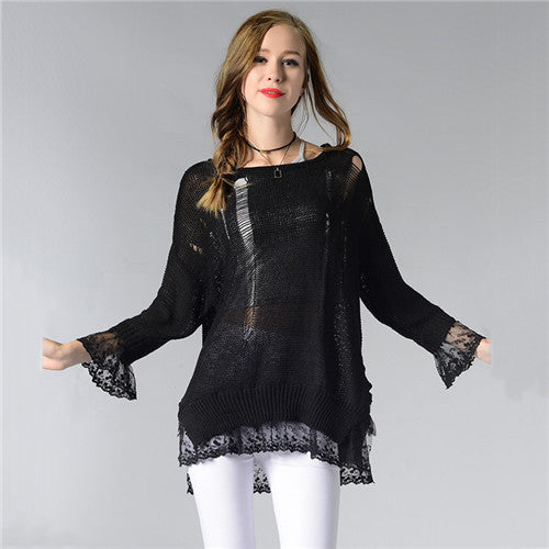 Black White Gray Cute Lace Patchwork Knitted Sweater Thin Loose Women Pullovers And Sweaters Ripped Pullovers Pull Femme