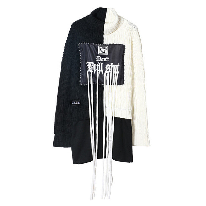 Black white Contrast color Letter Tassel Sweater Woman Turtleneck Fringed Knitwear Jumper Pullover kleding jerseis femme