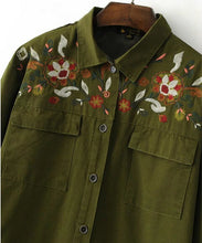Boyfriend Style Army Green Flower Embroidery Shirt Woman Lapel Long sleeve Pockets Blouse Tops Coat blusas femme blusa