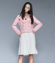 CHiC Pink PU Faux Leather Stand Collar Short Motorcycle Biker Jacket Women's Zipper Pockets Short Coat Outerwear Tops