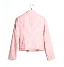 CHiC Pink PU Faux Leather Stand Collar Short Motorcycle Biker Jacket Women's Zipper Pockets Short Coat Outerwear Tops