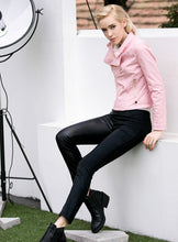 CHiC Pink PU Faux Leather Stand Collar Short Motorcycle Biker Jacket Women's Zipper Pockets Short Coat Outerwear Tops