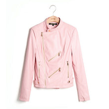 CHiC Pink PU Faux Leather Stand Collar Short Motorcycle Biker Jacket Women's Zipper Pockets Short Coat Outerwear Tops