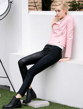 CHiC Pink PU Faux Leather Stand Collar Short Motorcycle Biker Jacket Women's Zipper Pockets Short Coat Outerwear Tops