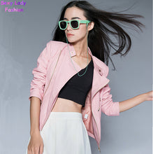 CHiC Pink PU Faux Leather Stand Collar Short Motorcycle Biker Jacket Women's Zipper Pockets Short Coat Outerwear Tops