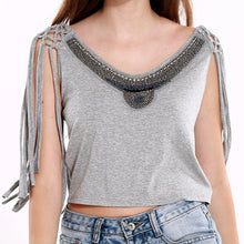 Camisas Femininas Europe Sexy Women Crop Top Beading Tassel Sleeveless O-Neck Bustier Top Solidcolor Grey Cropped Feminino