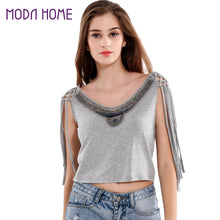 Camisas Femininas Europe Sexy Women Crop Top Beading Tassel Sleeveless O-Neck Bustier Top Solidcolor Grey Cropped Feminino