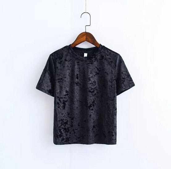 Chic Back Slit Short sleeve Velour T shirt Woman Solid color O neck Velvet Tee Tops 7 color