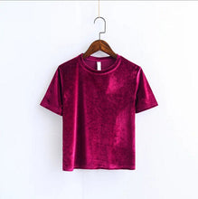 Chic Back Slit Short sleeve Velour T shirt Woman Solid color O neck Velvet Tee Tops 7 color
